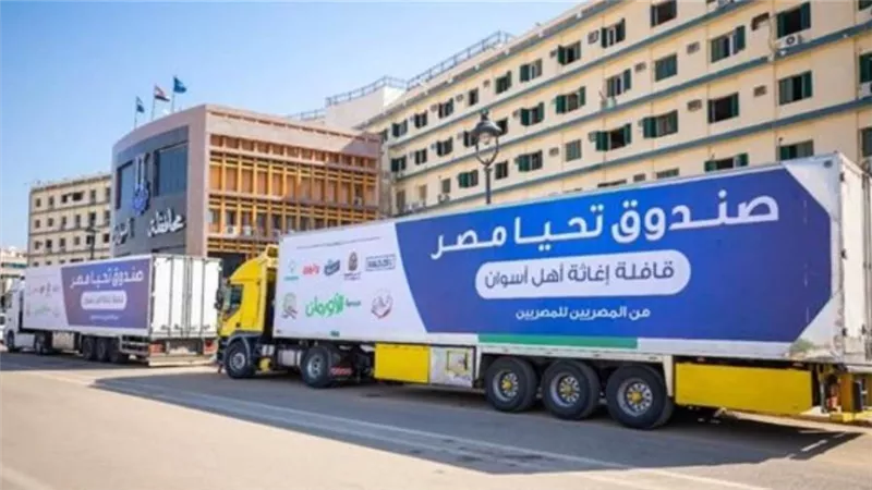 قافلة صندوق تحيا مصر تصل أسوان لتوفير 49 طن أغذية لمتضررى السيول