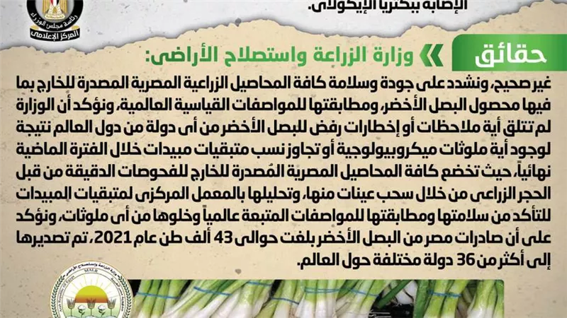الحكومة ترد على شائعة تصدير شحنات فاسدة من البصل الأخضر المصري تتسبب في الإصابة ببكتريا الإيكولاى