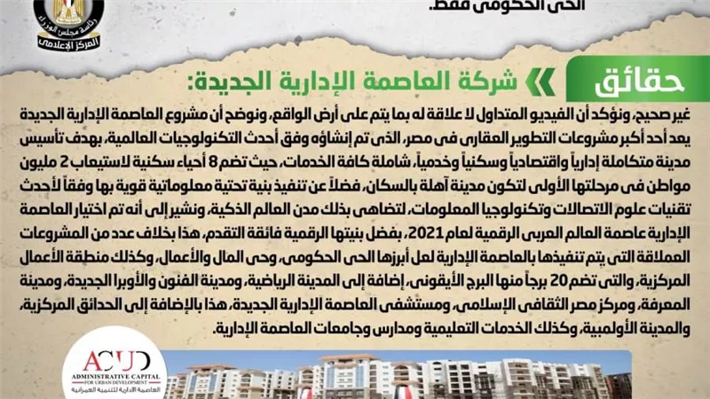 الحكومة ترد على شائعة اقتصار مشروعات العاصمة الإدارية الجديدة على الحي الحكومي فقط