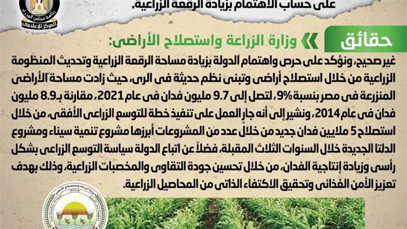 الحكومة تنفى تركيز اهتمام الدولة في تنفيذ مشروعات البنية التحتية على حساب الاهتمام بزيادة الرقعة الزراعية