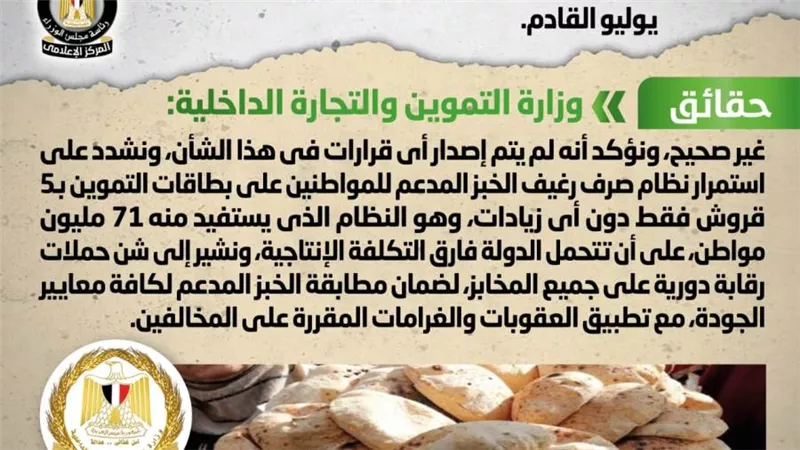 الحكومة ترد على أنباء رفع سعر رغيف الخبز المدعم بدءاً من شهر يوليو القادم
