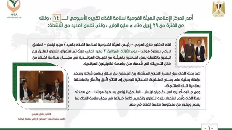 المركز الإعلامي للهيئة القومية لسلامة الغذاء يصدر تقريره الأسبوعي الــ 14 (إنفوجراف)