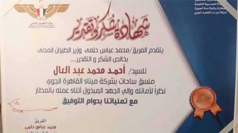 وزير الطيران يكرم ذوي الأمانة من العاملين بمطار القاهرة