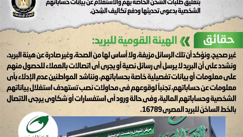 الحكومة تنفى شائعة ارسال رسائل هاتفية منسوبة للبريد المصري لعملائها بشأن الاستعلام عن بيانات حساباتهم الشخصية