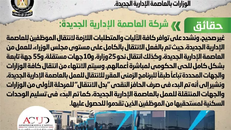 الحكومة تنفى عجز الموارد المالية ووسائل التشغيل اللازمة لنقل الموظفين لمقار الوزارات بالعاصمة الإدارية الجديدة