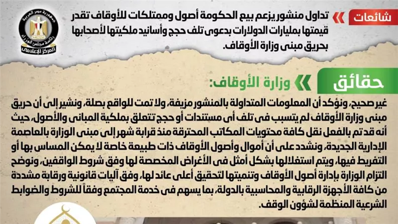 الحكومة تنفى بيع أصول وممتلكات للأوقاف تقدر قيمتها بمليارات الدولارات بدعوى تلف حجج وأسانيد ملكيتها لأصحابها بحريق مبنى وزارة الأوقاف 