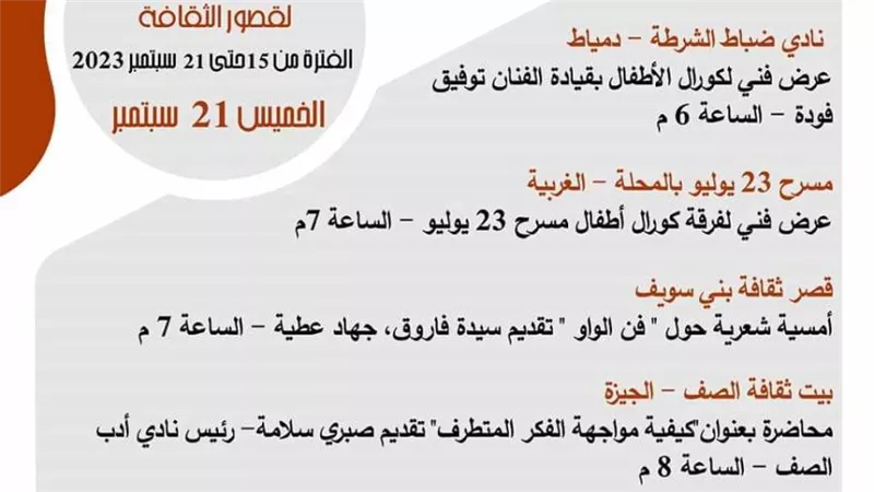 أسبوع حافل لقصور الثقافة.. افتتاح قصر ثقافة أبو المطامير بالبحيرة وانطلاق ملتقى 