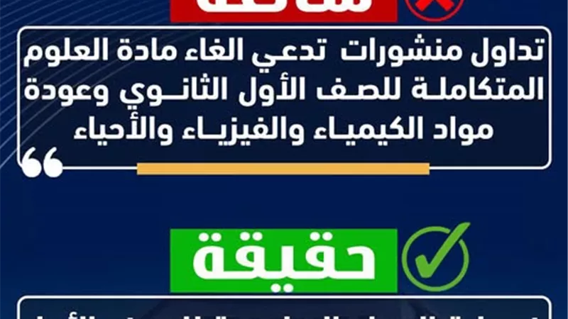 توضيح هام من وزارة التربية والتعليم حول منشورات متداولة تدعي الغاء مادة العلوم المتكاملة