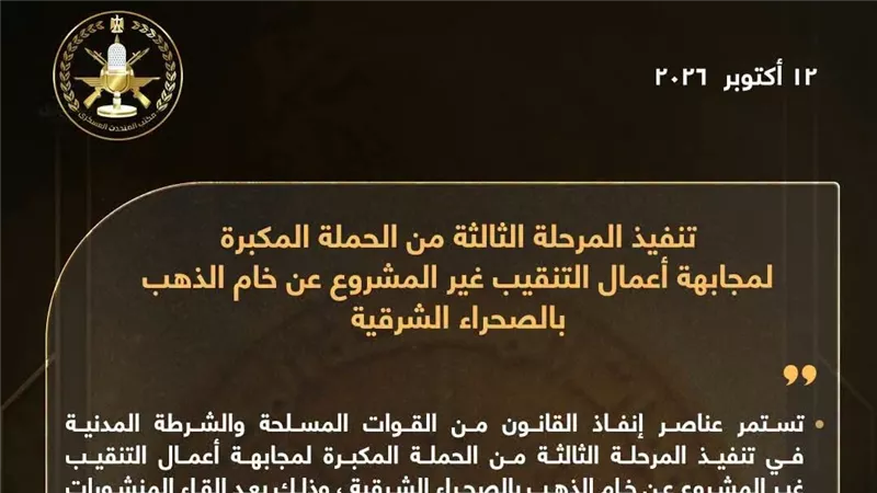 المتحدث العسكري: تنفيذ المرحلة الثالثة من حملة مجابهة أعمال التنقيب غير المشروع عن الذهب بالصحراء الشرقية